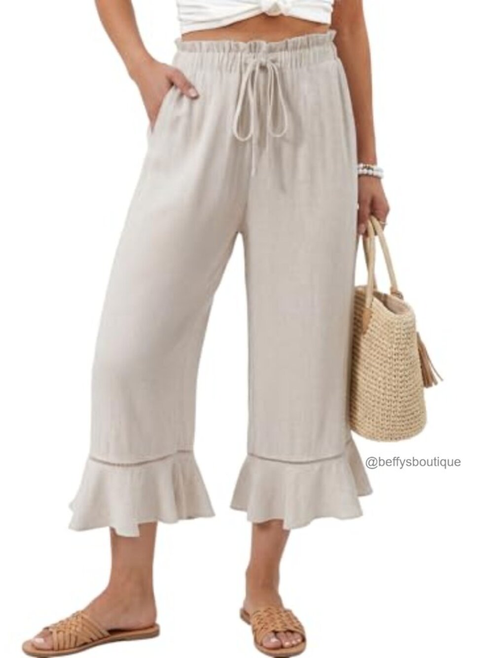 Linen blend wide leg capri pants with ruffle hem and pockets